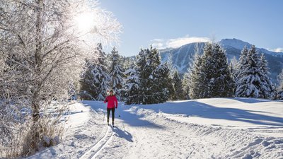 Frau beim Skilanglauf in Winterlandschaft