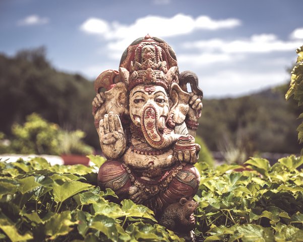 Eine Skulptur des Elefanten Gottes Ganesha zwischen vielen Pflanzen