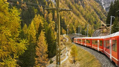 Zug fährt durch die Berge