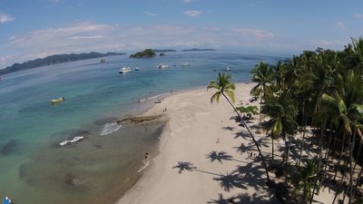 Weißer Sandstrand, blaues Meer und Palmenkulisse auf der Isla Tortuga