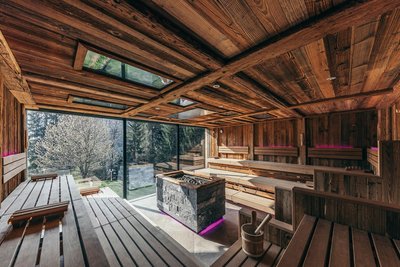 Entspannen Sie sich in der Sauna und blicken Sie in die Natur Südtirols 