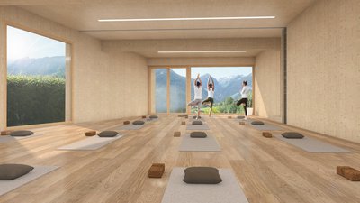 Große Fenster, viel Licht, warmes Holz und eine atemberaubende Aussicht - der perfekte Ort für Ihre Yogastunden