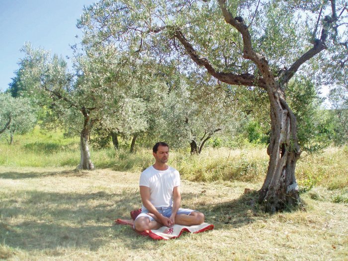 Yogalehrer Dr. Christoph Lucerna bei einer Meditation in den Olivgärten 