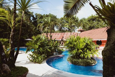 Springen Sie ins kühle Nass des Pools zwischen den Palmen