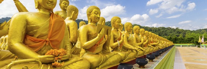 Eine Reihe von goldenen Budda Statuen auf einer Tempelanlage