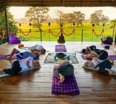 Eine Gruppe an Yogis liegt in Seitenposition in einem Kreis