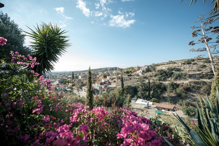 Ein Ausblick über Pflanzen auf das Dorf Tochni in Zypern