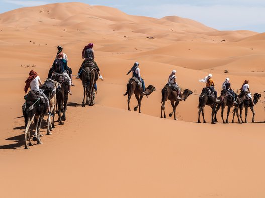 Menschen auf Kamelen in der Wüste Sahara