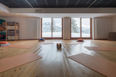 Yoga wird in dem lichtdurchfluteten Yogaraum mit einem Blick in die Natur geübt 