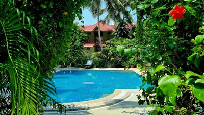 Mitten im tropischen Garten befindet sich der Pool des Resorts